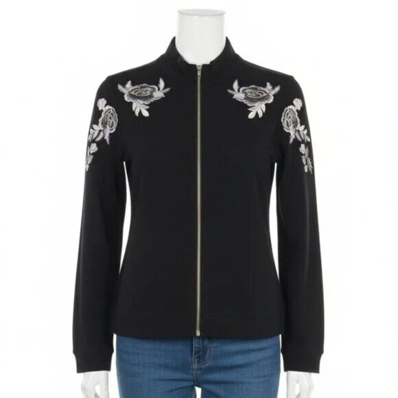 NWOT Chico's Zenergy Black & Silver Floral Embroidered Bomber Jacket 16 - Picture 2 of 11